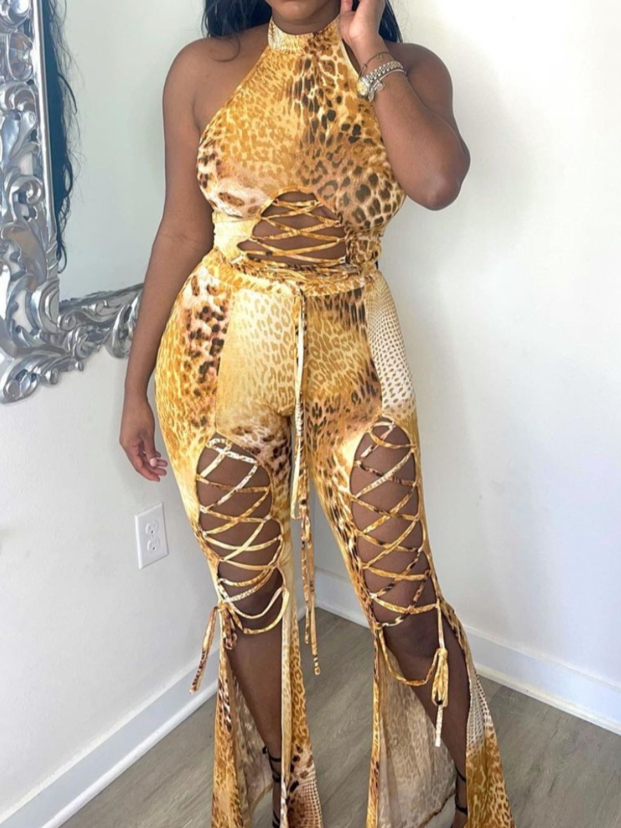 

LW Casual Animal Print Bandage Hollow-out Design Yellow One-piece Romper