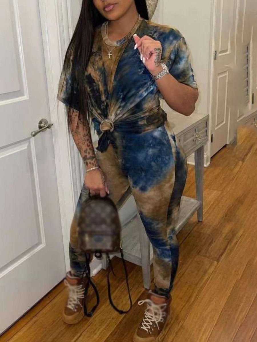 

Lovely Street O Neck Tie Dye Multicolor Two Piece Pants Set, Multi