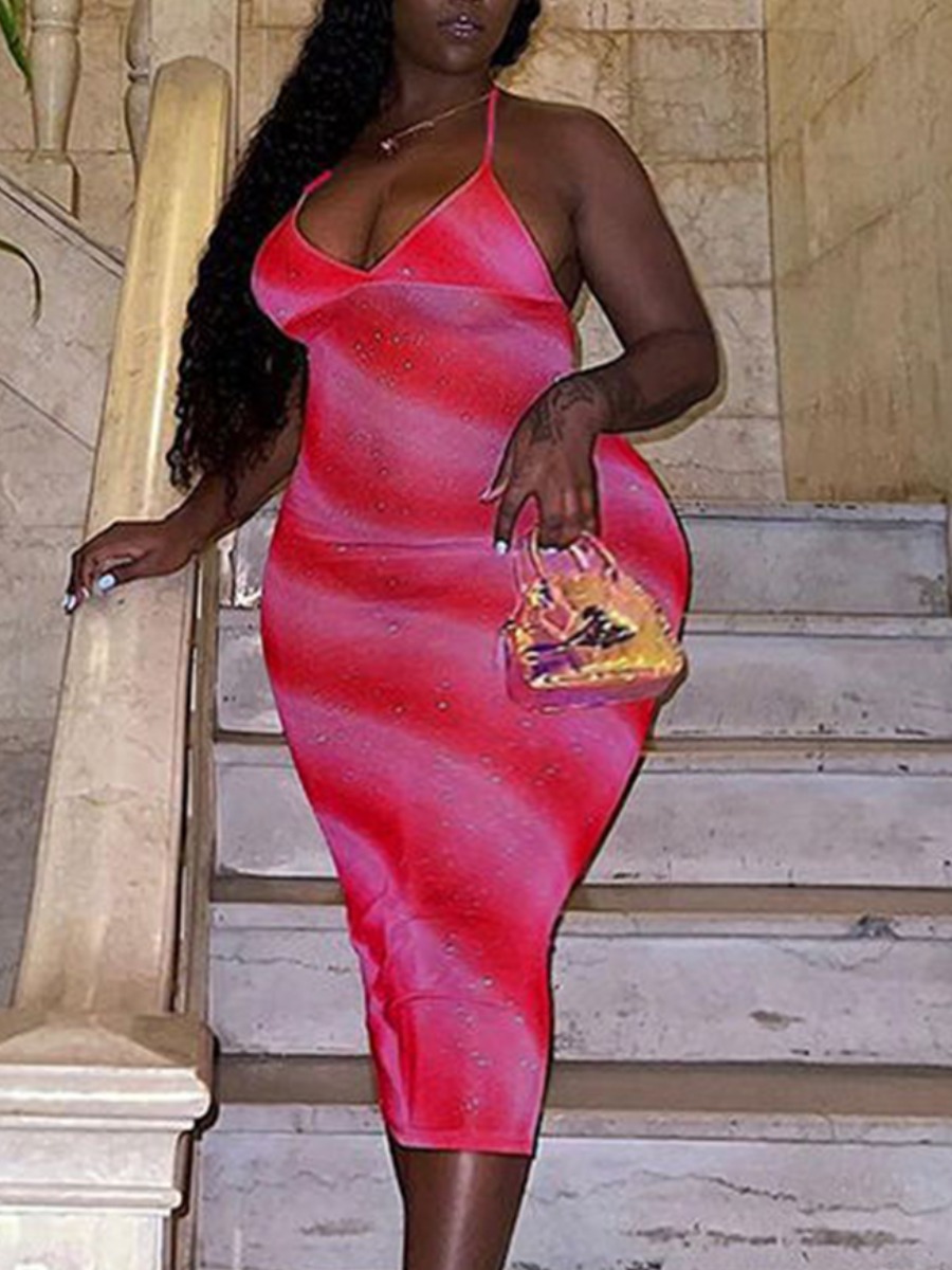 

Lovely Plus Size Street V Neck Gradient Red Mid Calf Dress