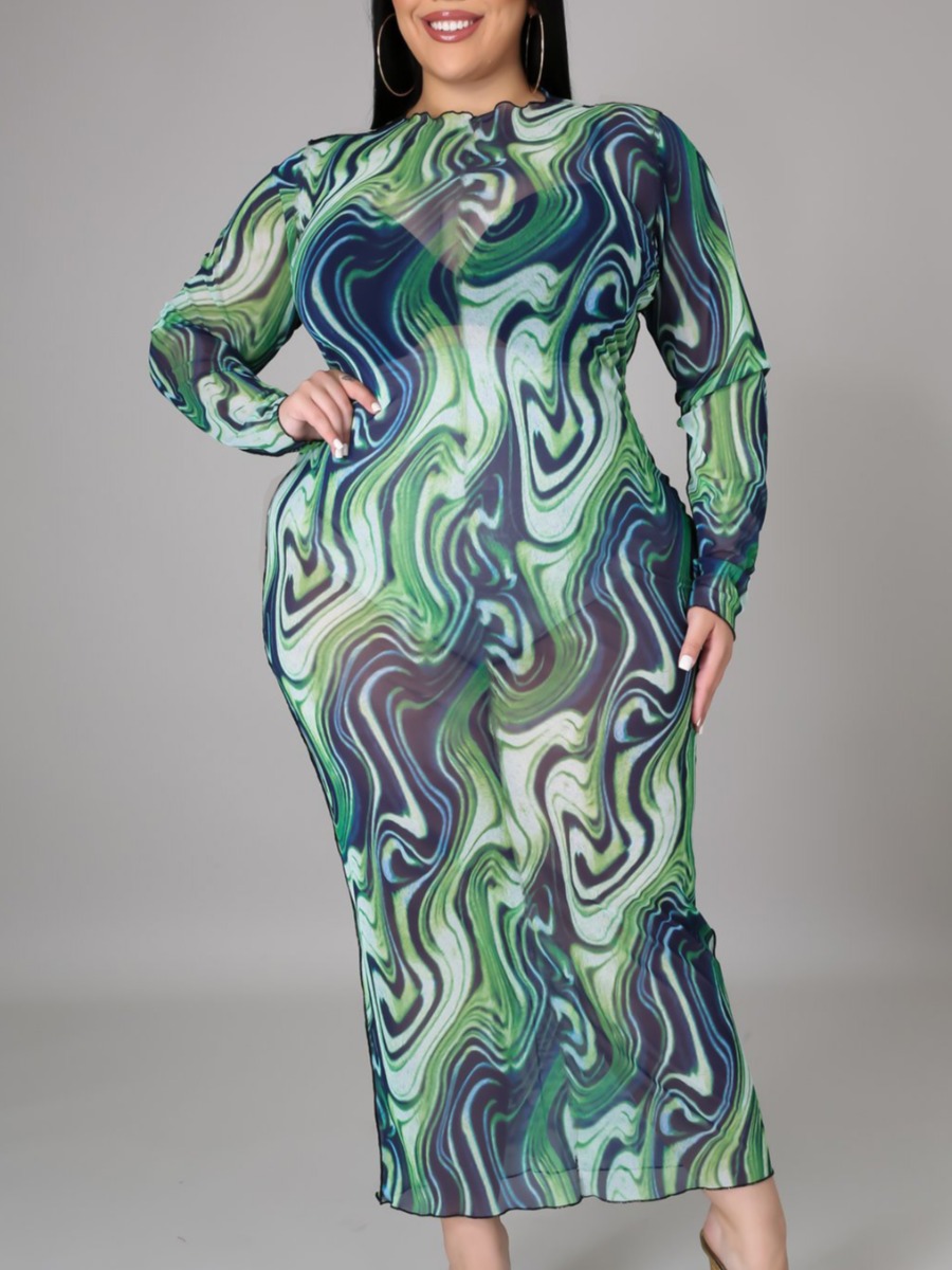 

Lovely Plus Size Casual Print See-through Green Mid Calf Dress