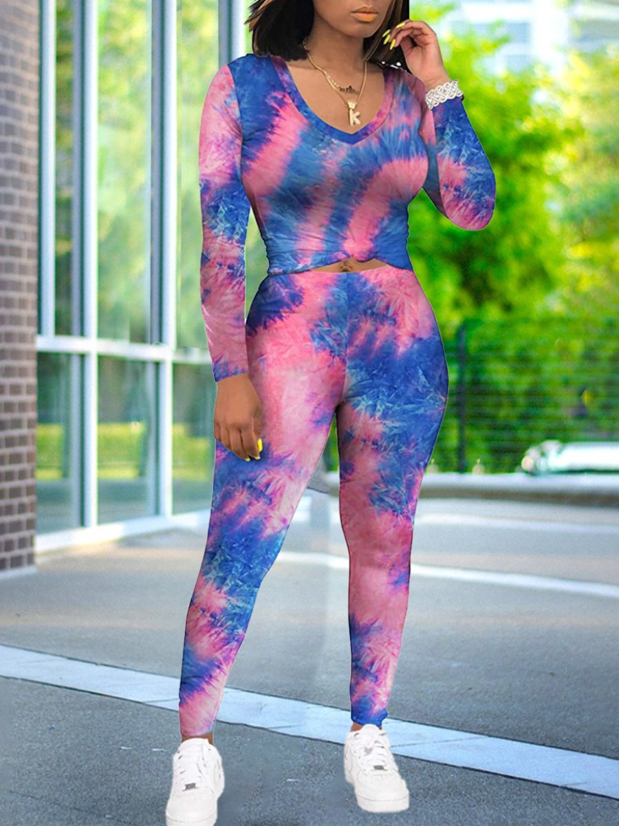 

Lovely Plus Size Casual V Neck Tie-dye Blue Two-piece Pants Set