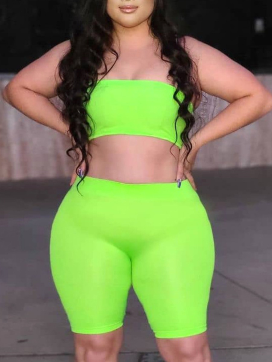 

Lovely Plus Size Sporty Off The Shoulder Basic Skinny Green Two-piece Shorts Set