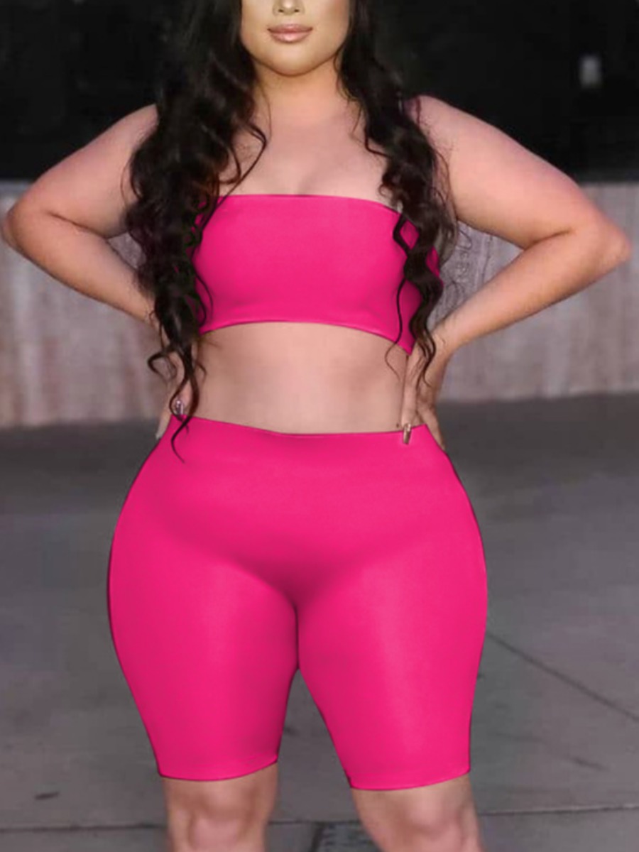 

Lovely Plus Size Sporty Off The Shoulder Basic Skinny Rose Red Two-piece Shorts Set