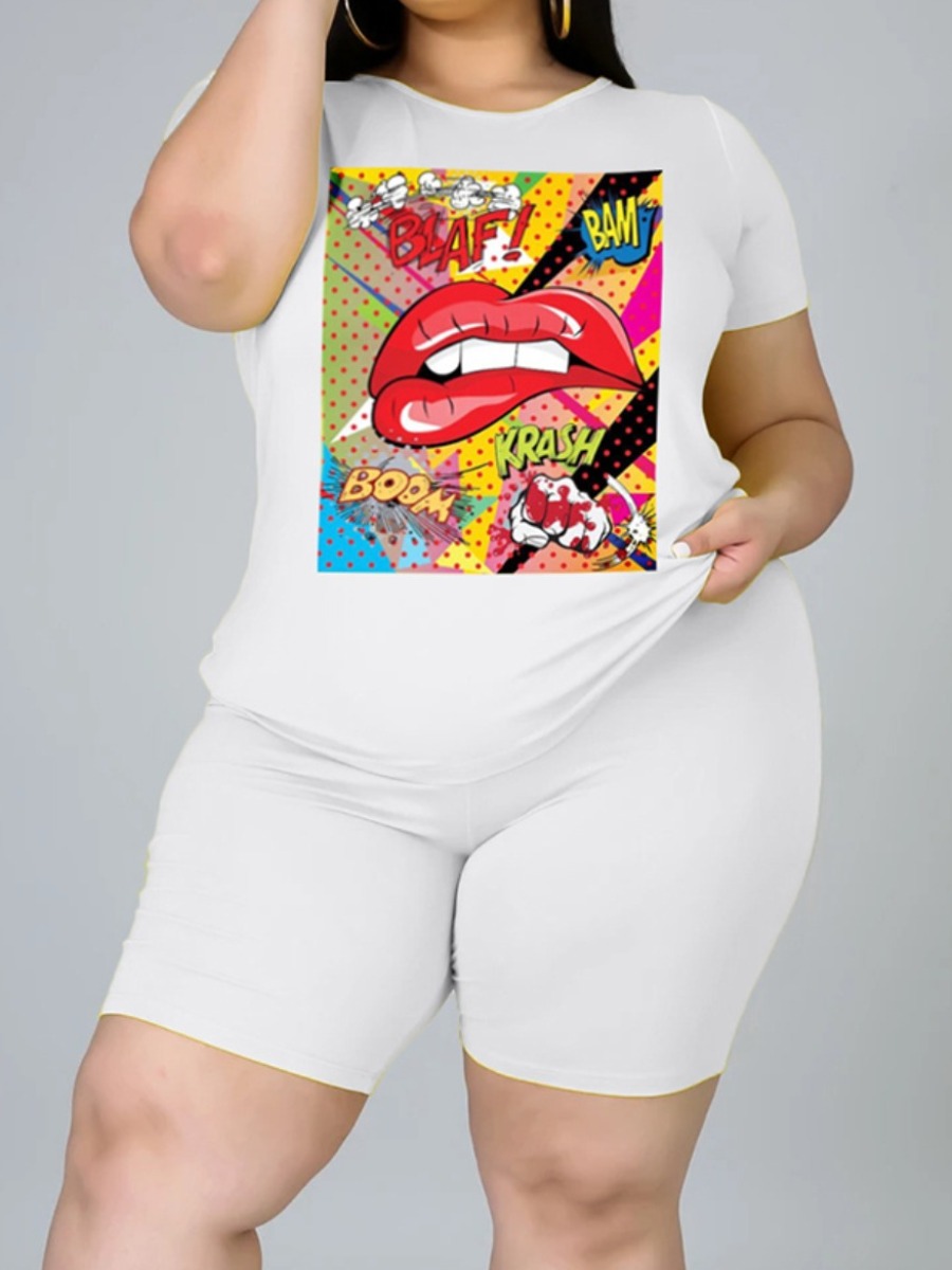 

Lovely Plus Size Casual Lip Letter Print White Two-piece Shorts Set