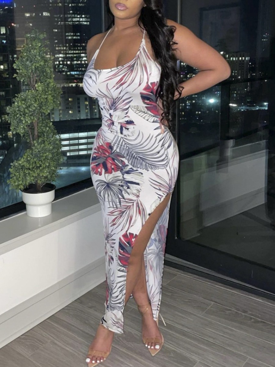 

Lovely Boho Floral Print Split White Ankle Length Dress