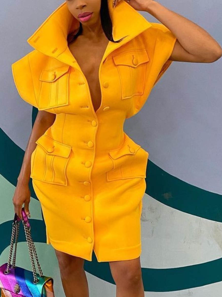 

Lovely Street Turndown Collar Button Design Yellow Mini Dress