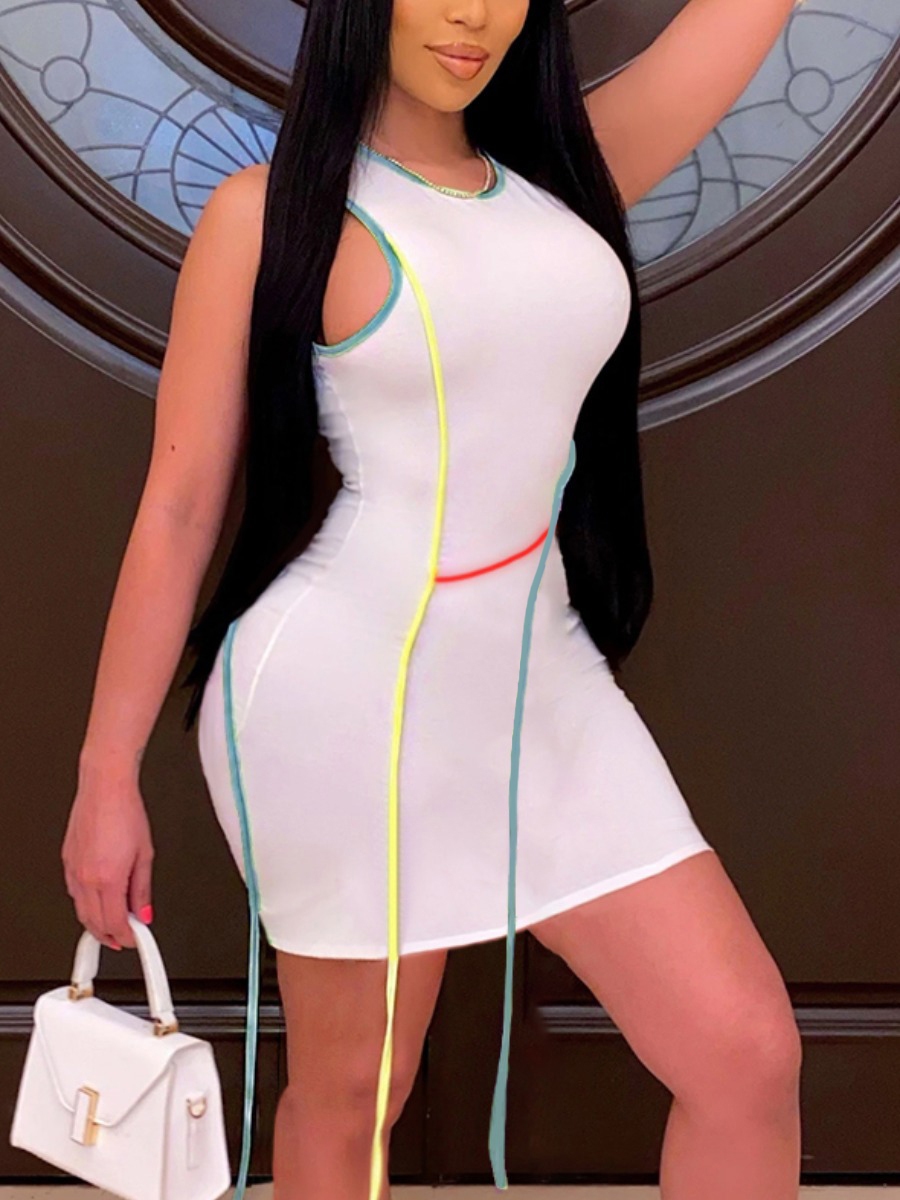 

Lovely Sweet Striped Tassel Design White Mini Dress
