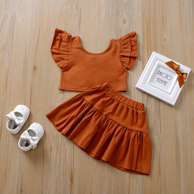 

Lovely Girl Casual O Neck Flounce Design Brown Two Piece Skirt Set