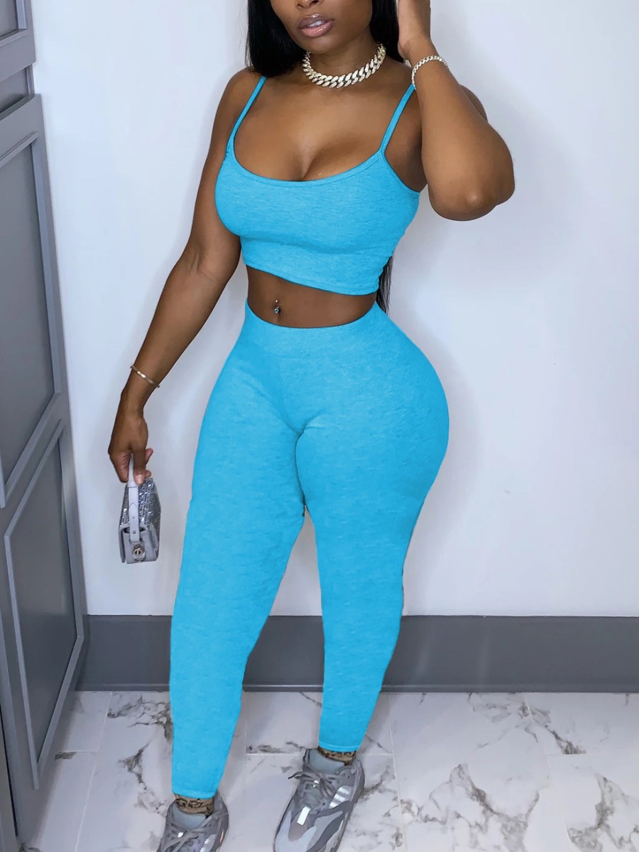 

Lovely Sporty U Neck Elastic Blue Yoga Two Piece Pants Set