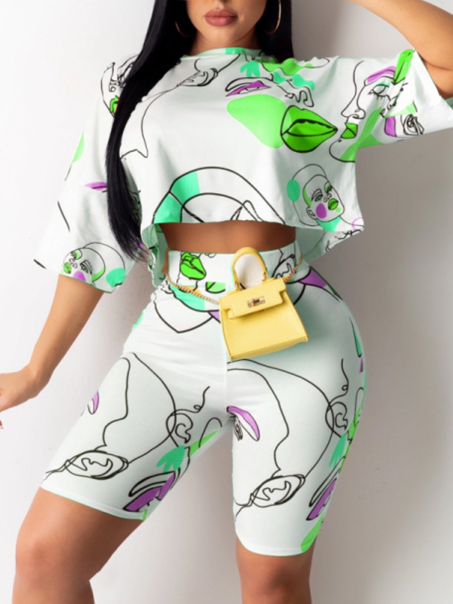 

Lovely Casual Dopped Shoulder Graffiti Print Green Two Piece Shorts Set