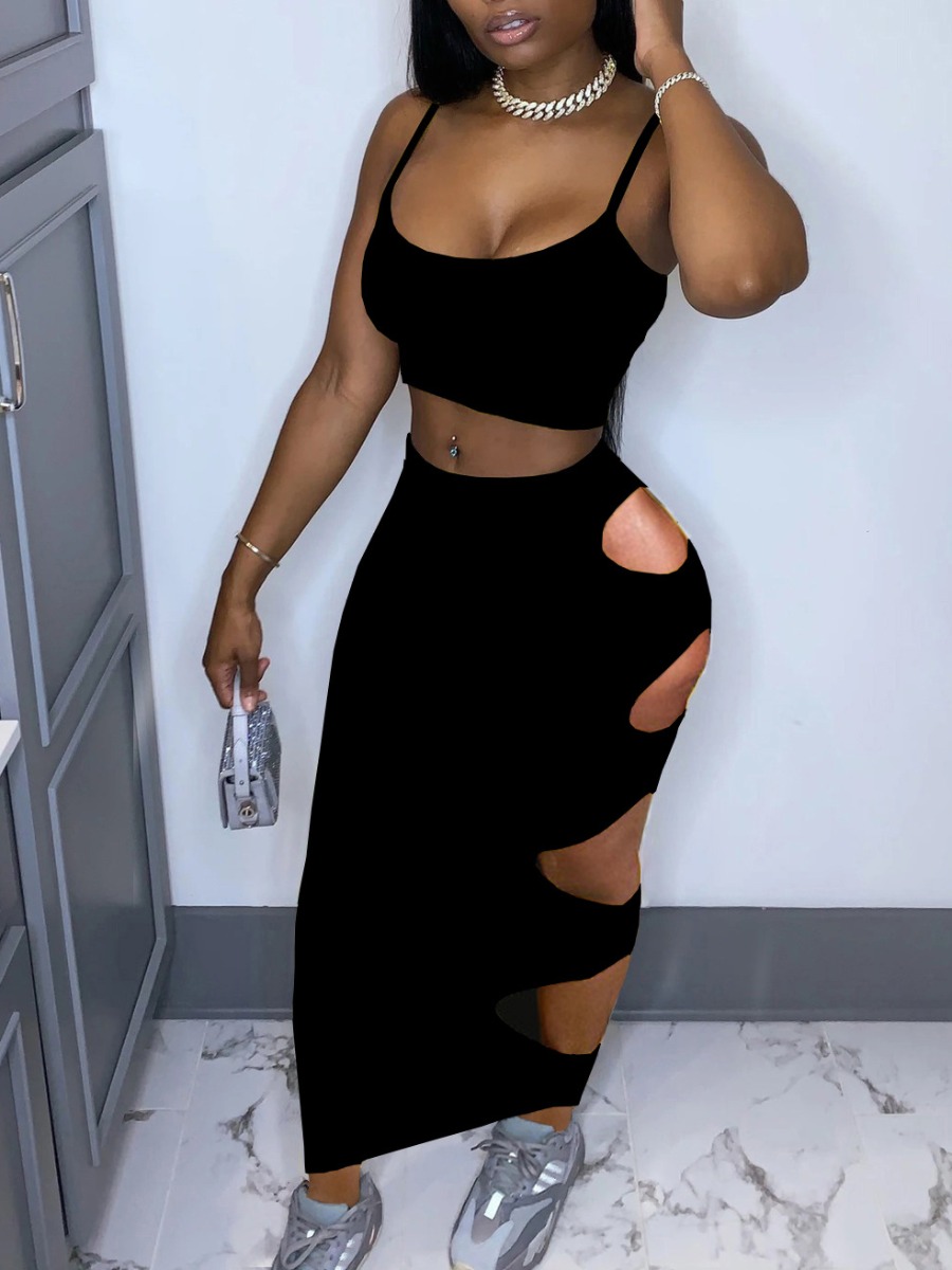 

Lovely Street U Neck Hollow-out Black Two Piece Skirt Set