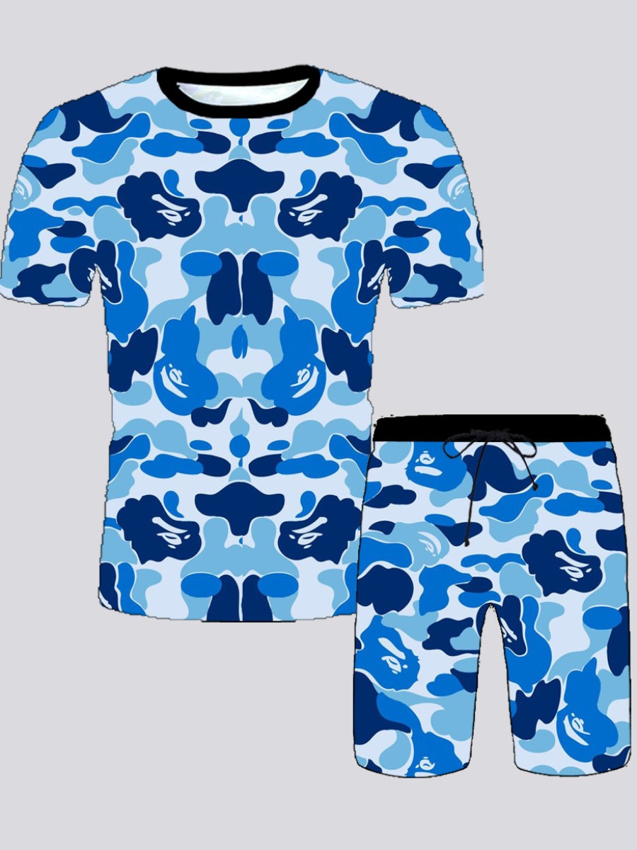 

Lovely Men Street O Neck Camo Print Blue Two Piece Shorts Set