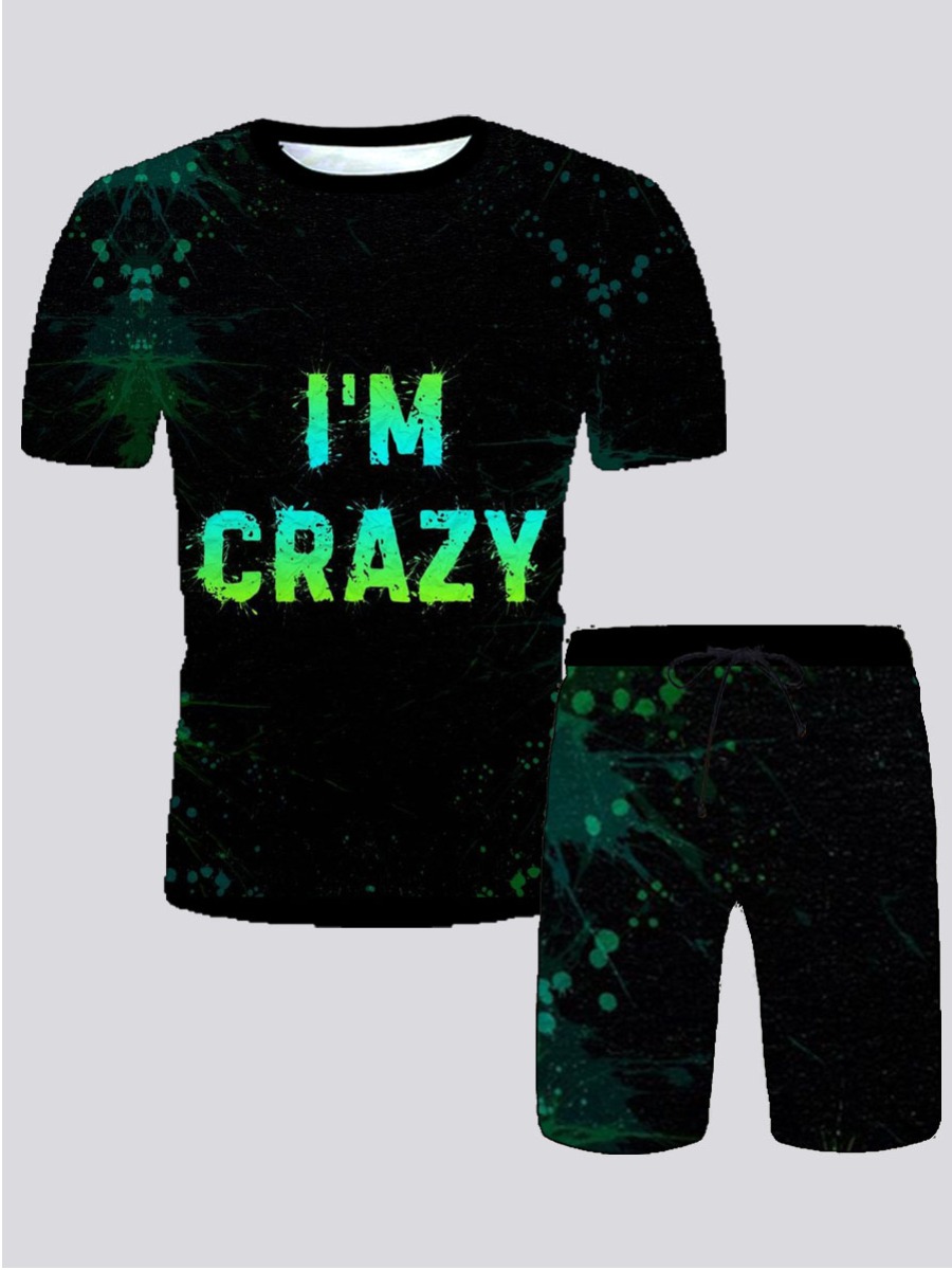 

Lovely Men Street Letter Print Tie Dye Black Two Piece Shorts Set