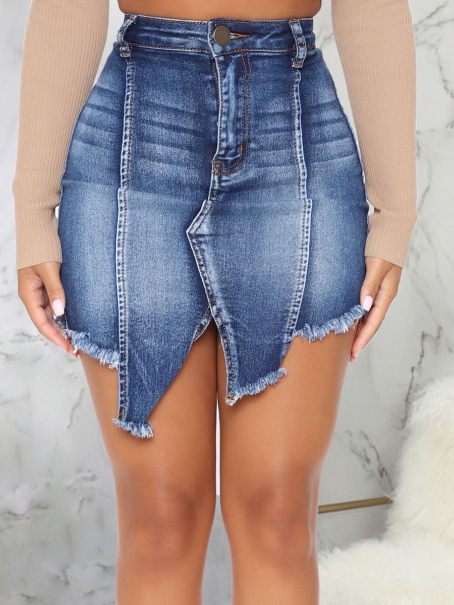 

Lovely Casual Raw Edge Asymmetrical Blue Denim Skirts