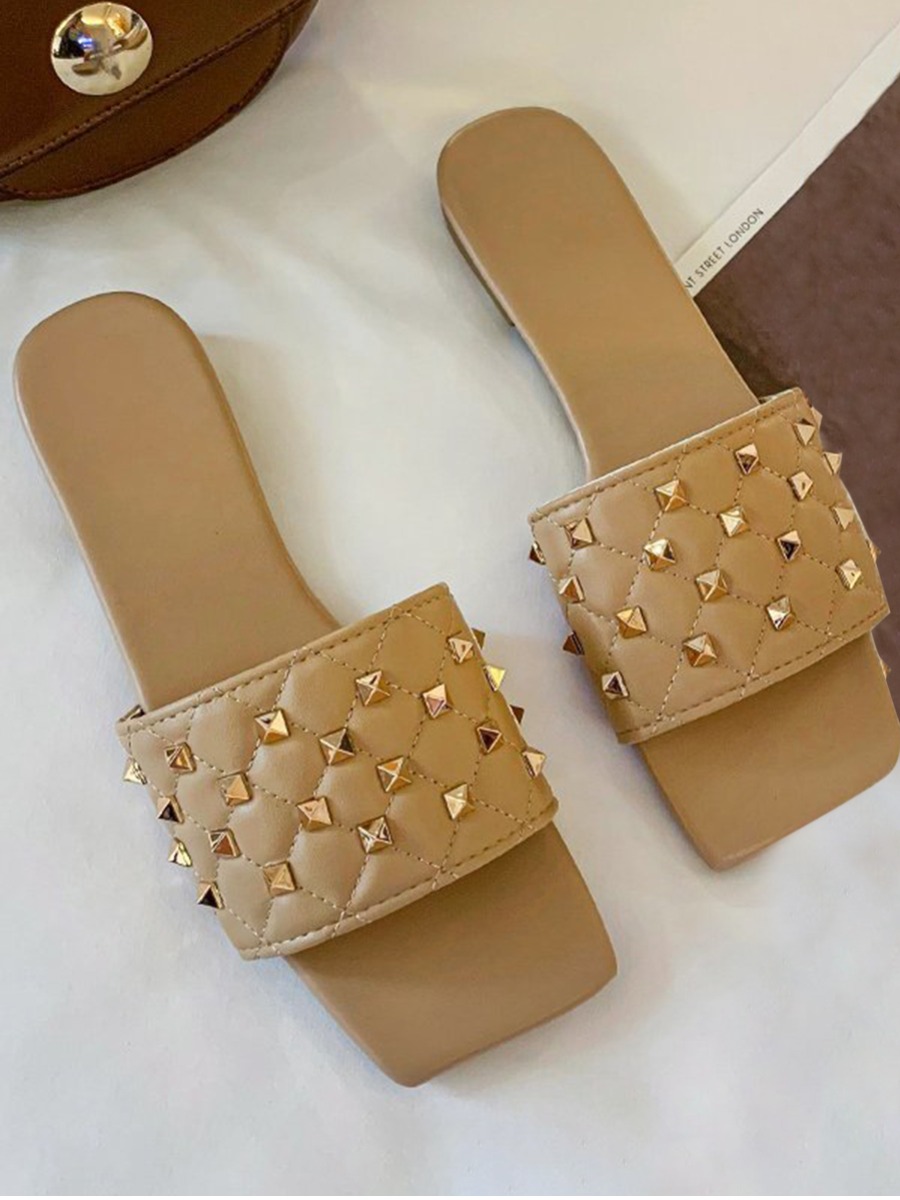 Lovely Casual Rivet Decoration Khaki Slippers