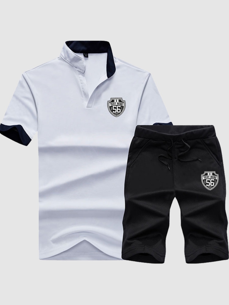 

Lovely Men Sporty Mandarin Collar Drawstring White Two Piece Shorts Set