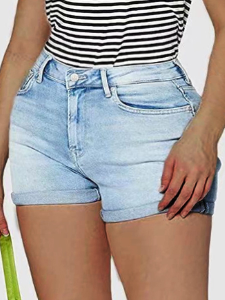 

Lovely Casual Mid Waist Elastic Baby Blue Denim Shorts