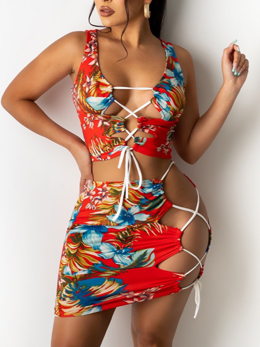

Lovely Boho Floral Print Bandage Hollow-out Design Red Two Piece Skirt Set