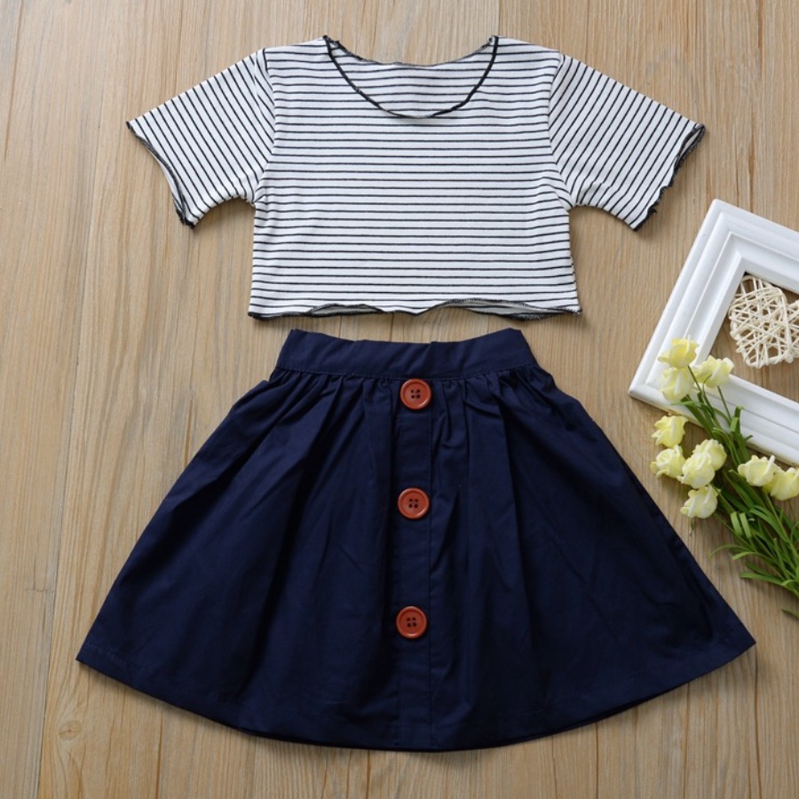 

Lovely Casual Striped Button Design Royalblue Two Piece Skirt Set