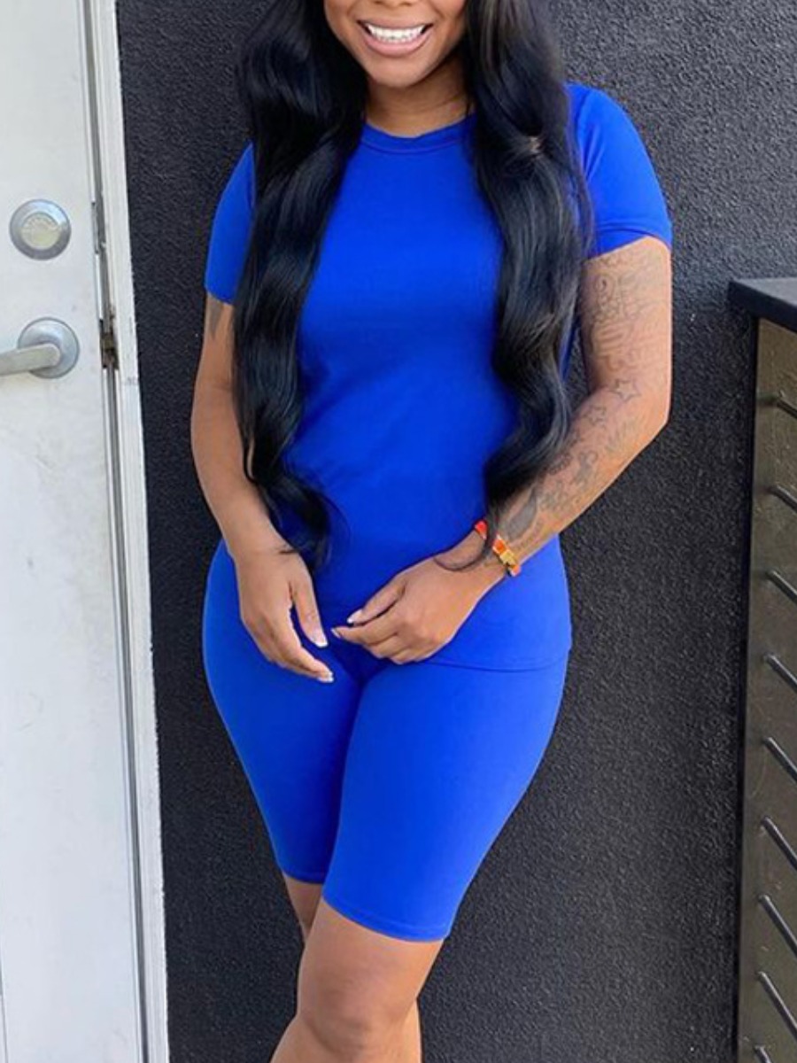 

Lovely Sporty O Neck Basic Skinny Blue Two Piece Shorts Set