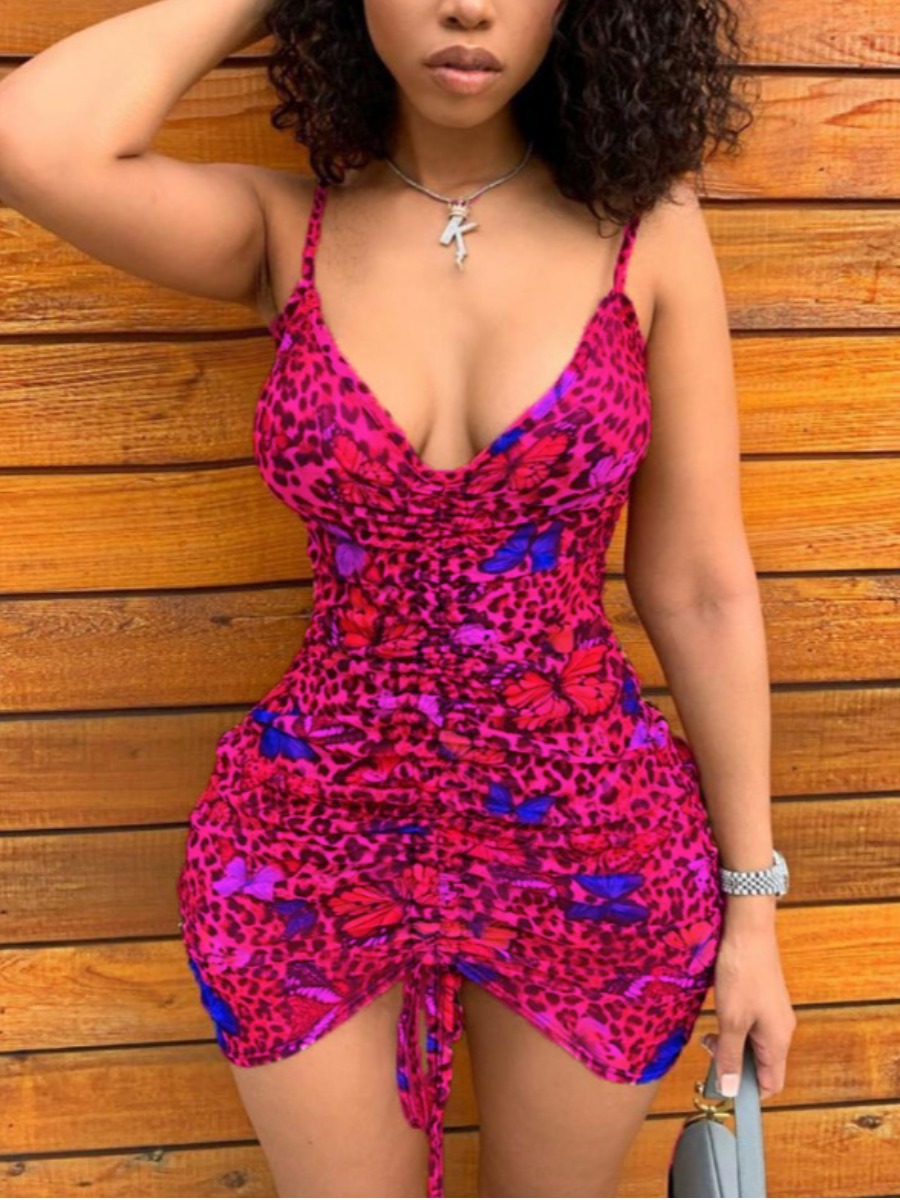 

LW SXY Butterfly Leopard Print Drawstring Rose Red Mini Dress