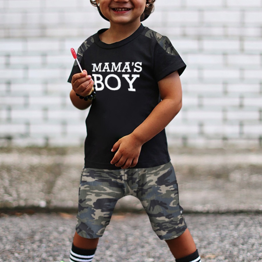 

Lovely Boy Street Letter Camo Print Black Two Piece Shorts Set
