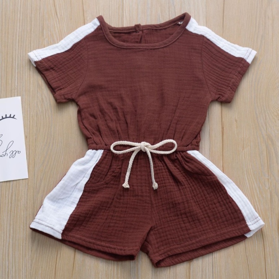 

Lovely Girl Sporty Striped Drawstring Coffee One-piece Romper