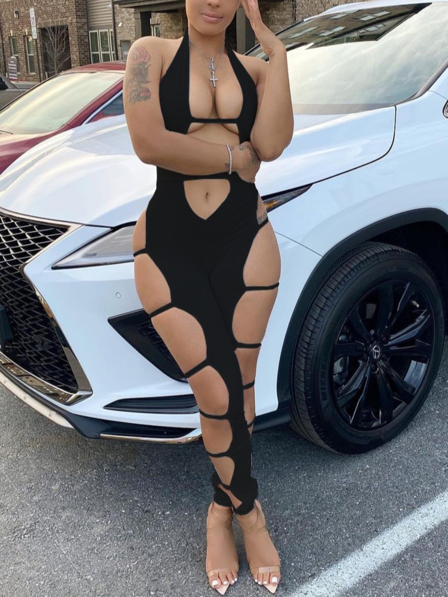 

Lovely Sexy Bandage Hollow-out Design Black One-piece Jumpsuit
