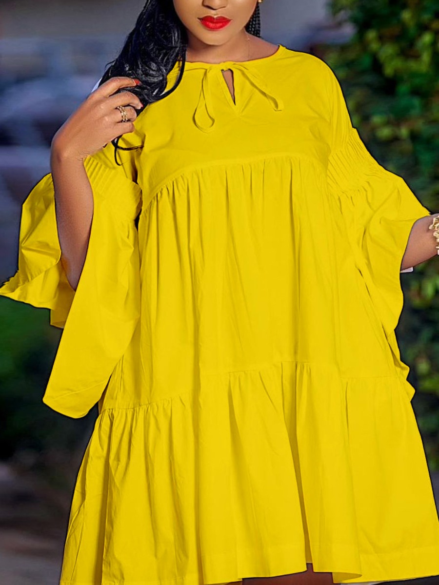 

Lovely Plus Size Casual Flared Flounce Design Yellow Mini Dress