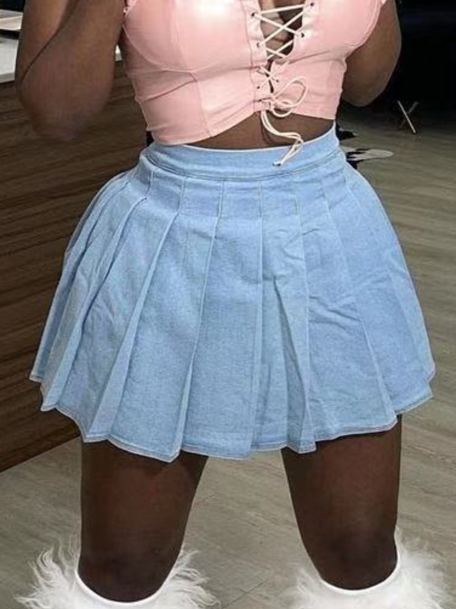 

Lovely Sweet Pleated Baby Blue Mini A Line Denim Skirt