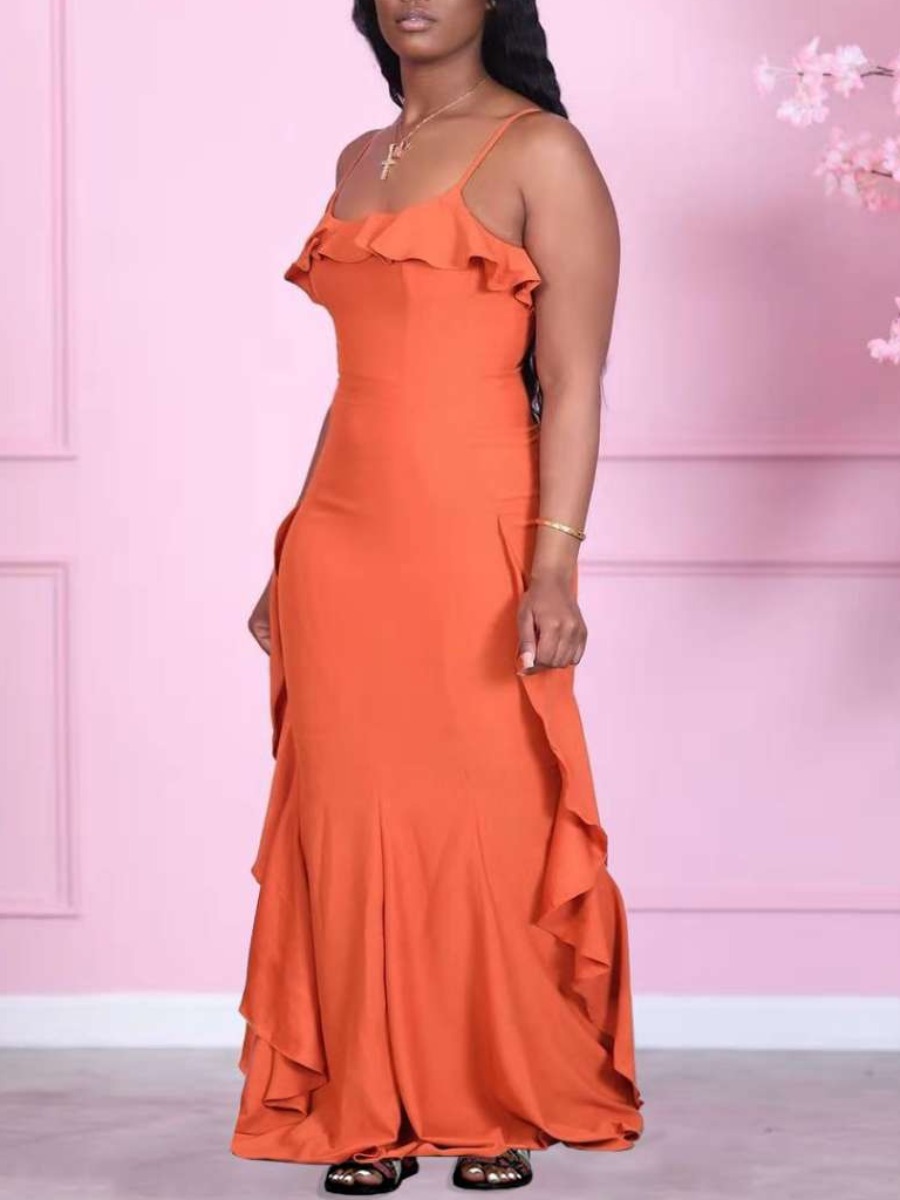 

Lovely Elegant Spaghetti Strap Flounce Design Croci Floor Length Dress
