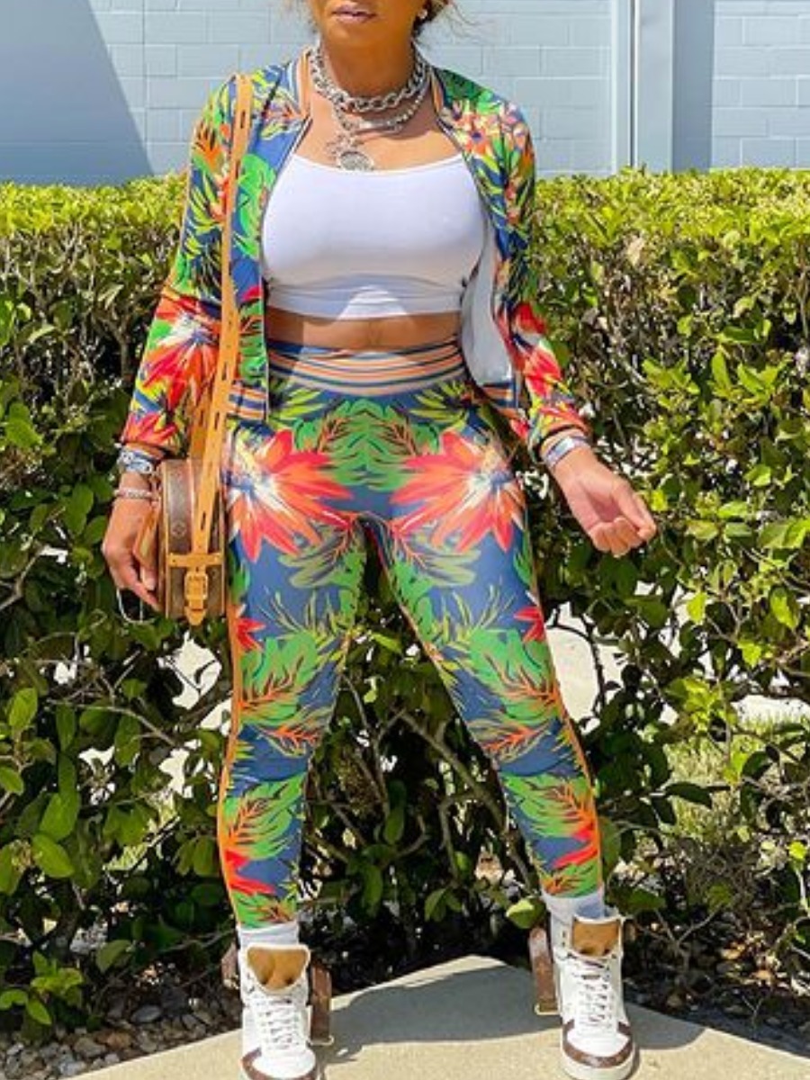 

Lovely Plus Size Boho Floral Print Patchwork Multicolor Two-piece Pants Set, Multi