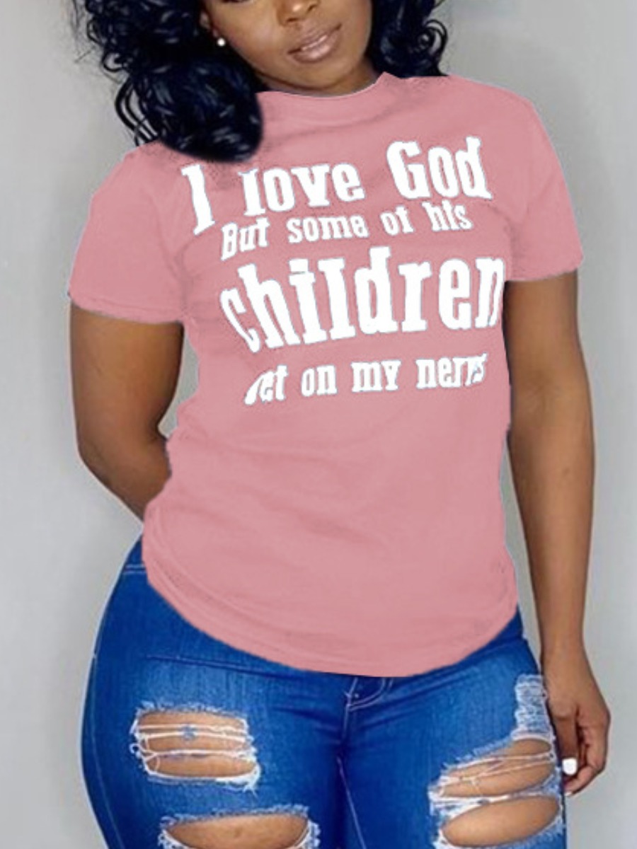 

Lovely Plus Size Street O Neck Letter Print Pink T-shirt