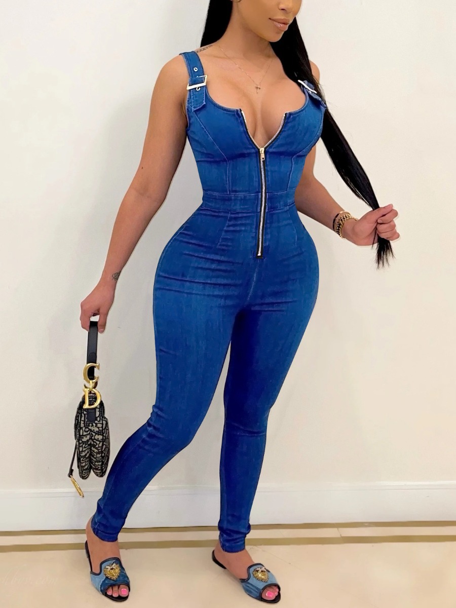 

LW Casual Zipper Buckle Design Deep Blue One-piece Denim Jumpsuit