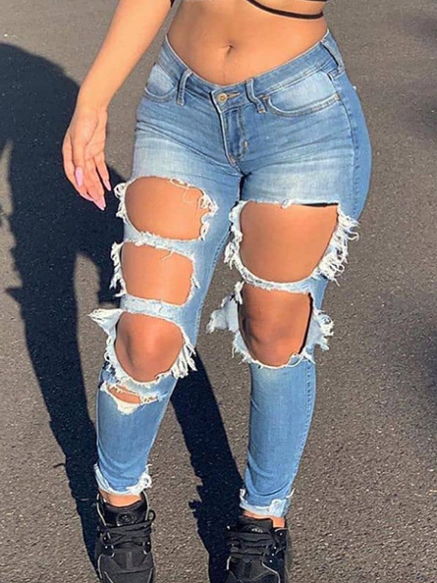 

LW Street Mid Waist Ripped Blue Jeans