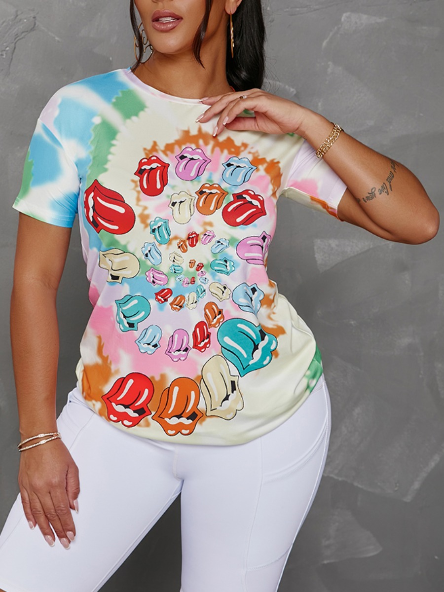 

Lovely Street Lip Print Tie-dye Green T-shirt