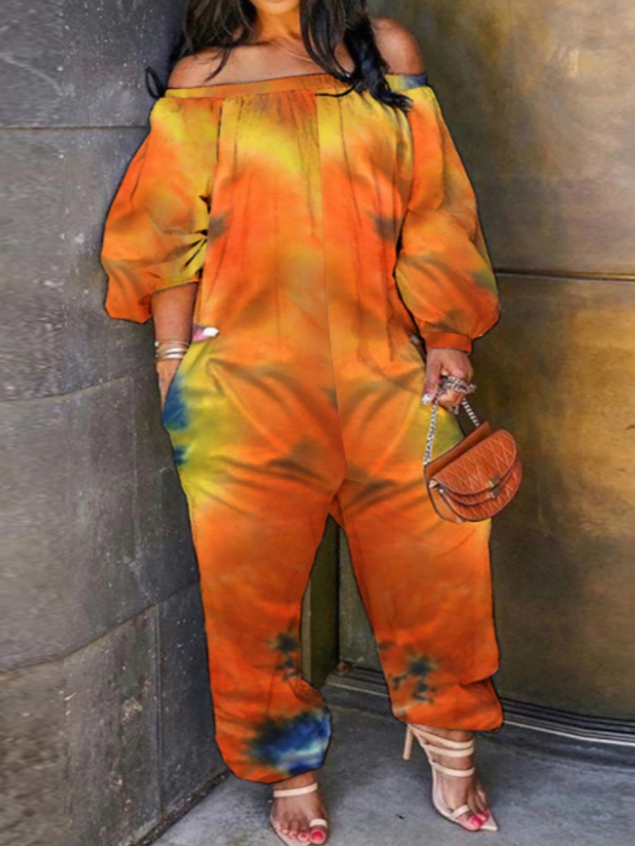 

LW BASICS Street Off The Shoulder Tie-dye Orange One-piece Jumpsuit