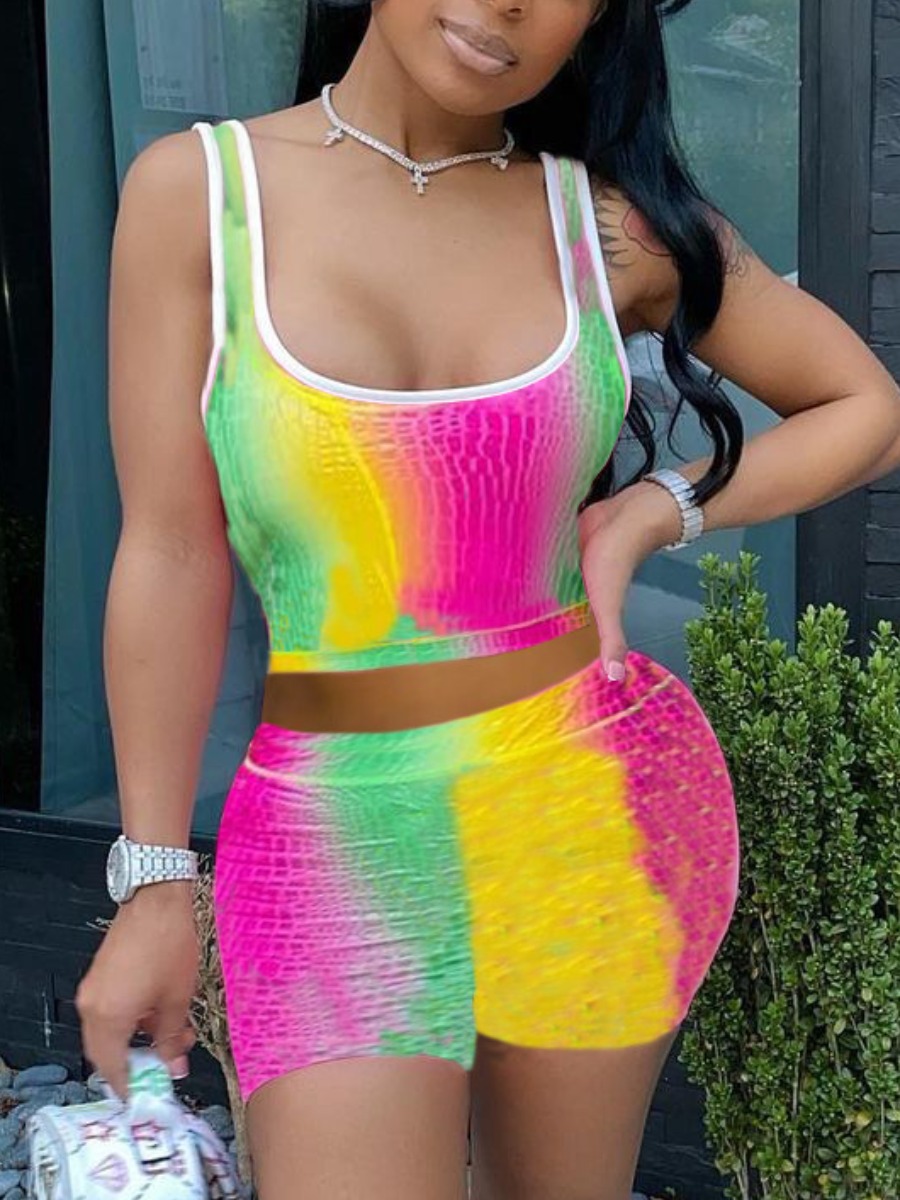 

LW Sporty U Neck Tie Dye Multicolor Two Piece Shorts Set, Multi