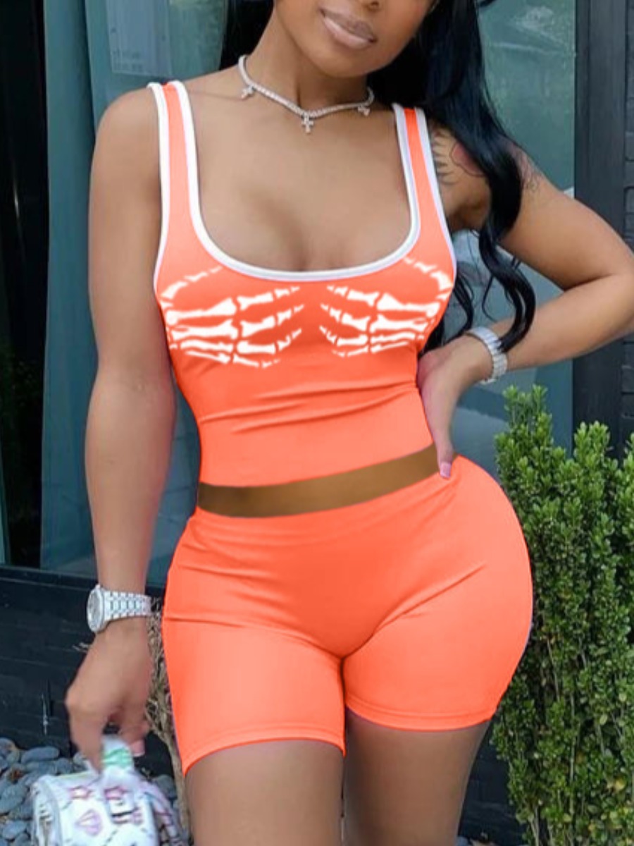 

Lovely Sporty U Neck Skeleton Print Jacinth Two Piece Shorts Set