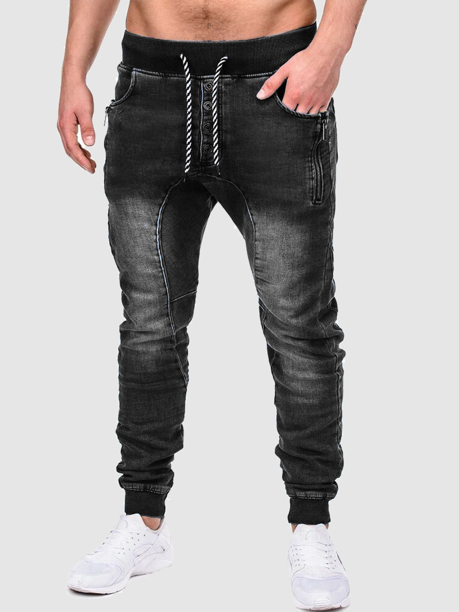 

Lovely Men Casual Mid Waist Drawstring Black Jeans