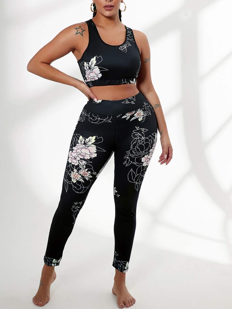 

Lovely Sporty U Neck Floral Print Black Yoga Two Piece Pants Set