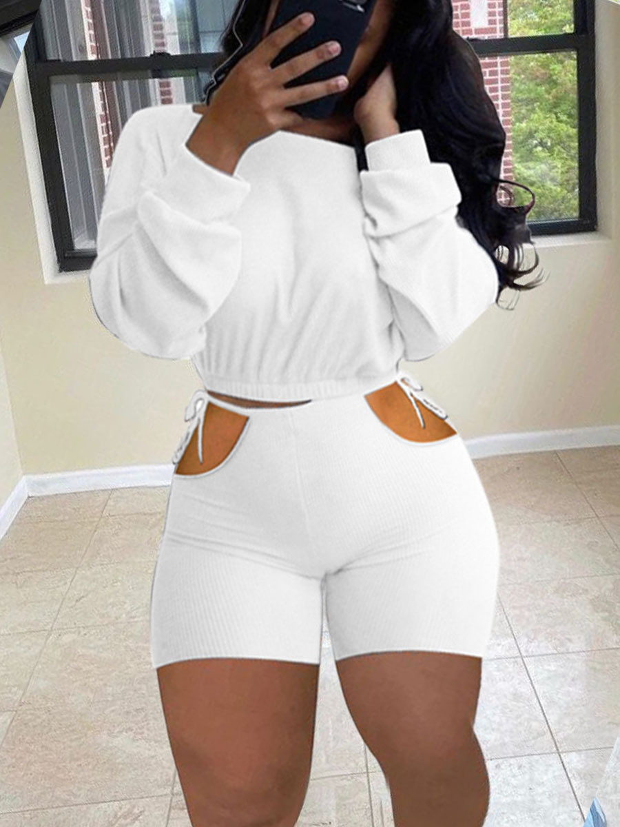 

LW Casual Bandage Hollow-out Design White Two Piece Shorts Set