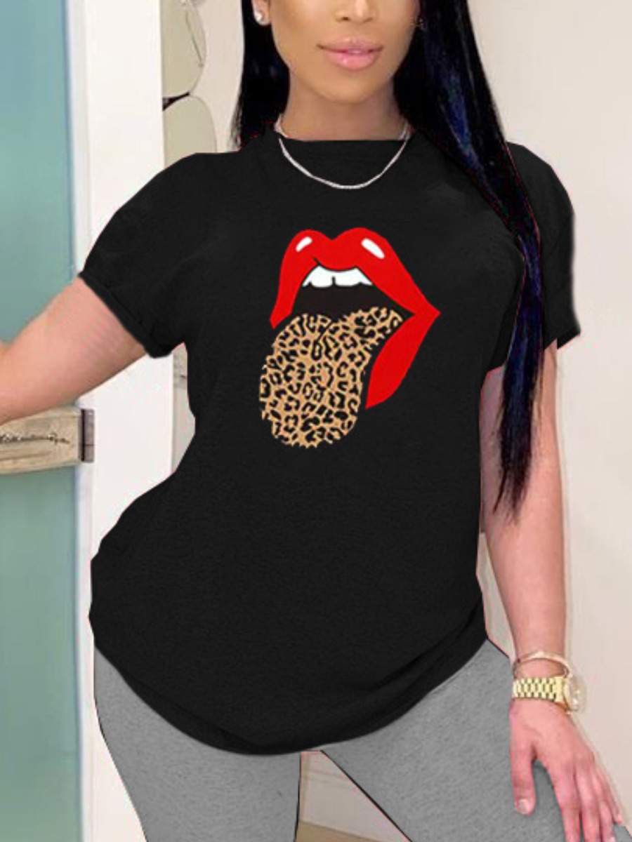

Lovely Casual O Neck Leopard Lip Print Multicolor T-shirt, Multi
