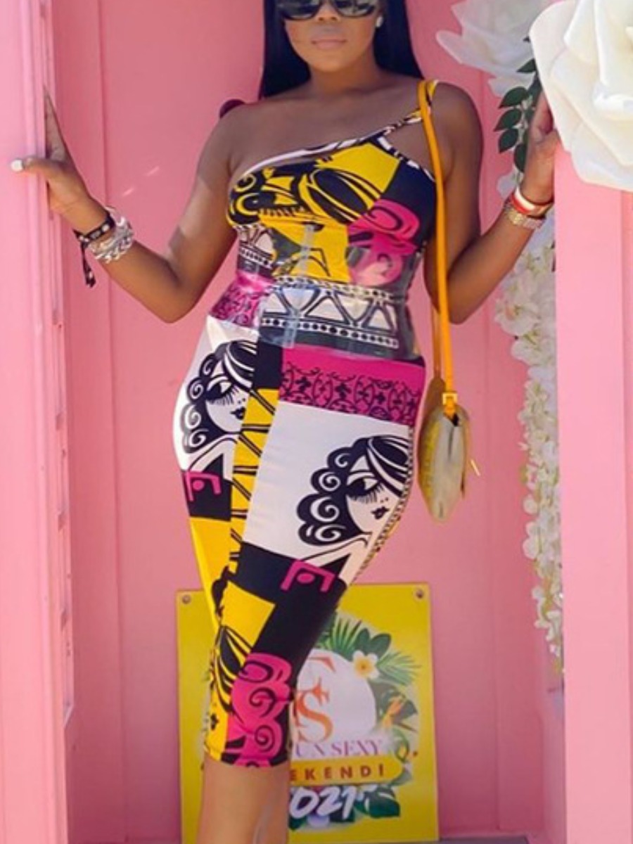 

LW BASICS Street One Shoulder Graffiti Print Yellow Knee Length Dress