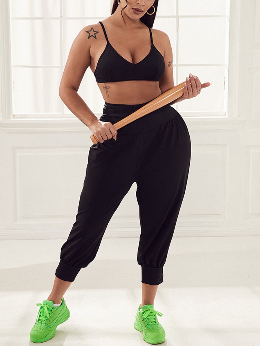 

Lovely Sporty U Neck Elastic Black Yoga Two Piece Pants Set