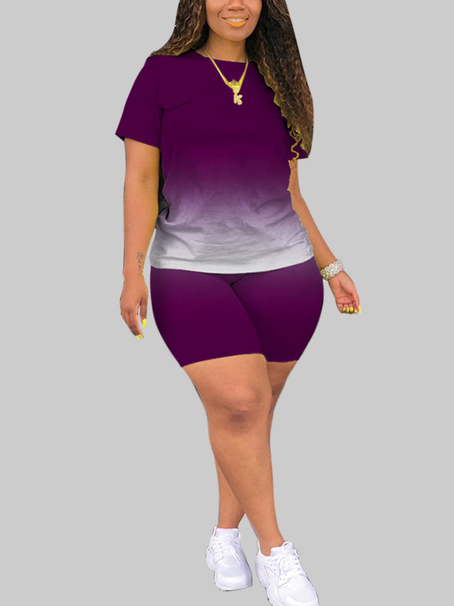LW Plus Size Street O Neck Gradient Purple Two-piece Shorts Set