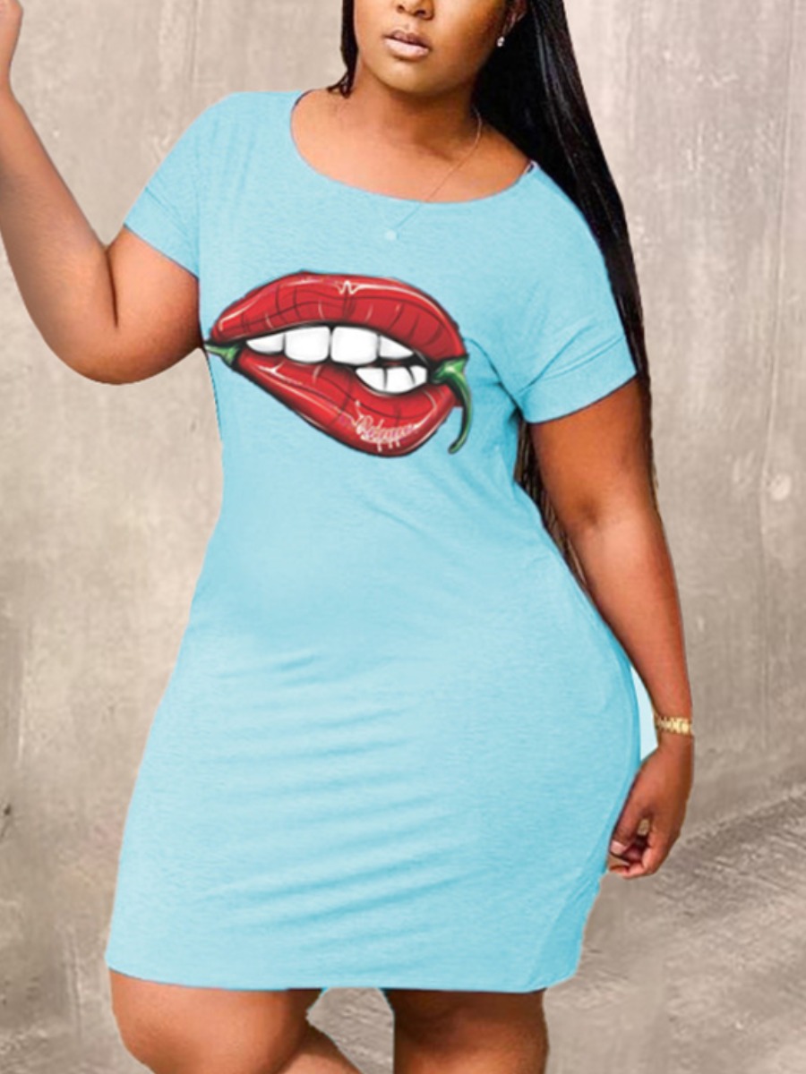 

Lovely Plus Size Casual O Neck Lip Print Baby Blue Knee Length Dress