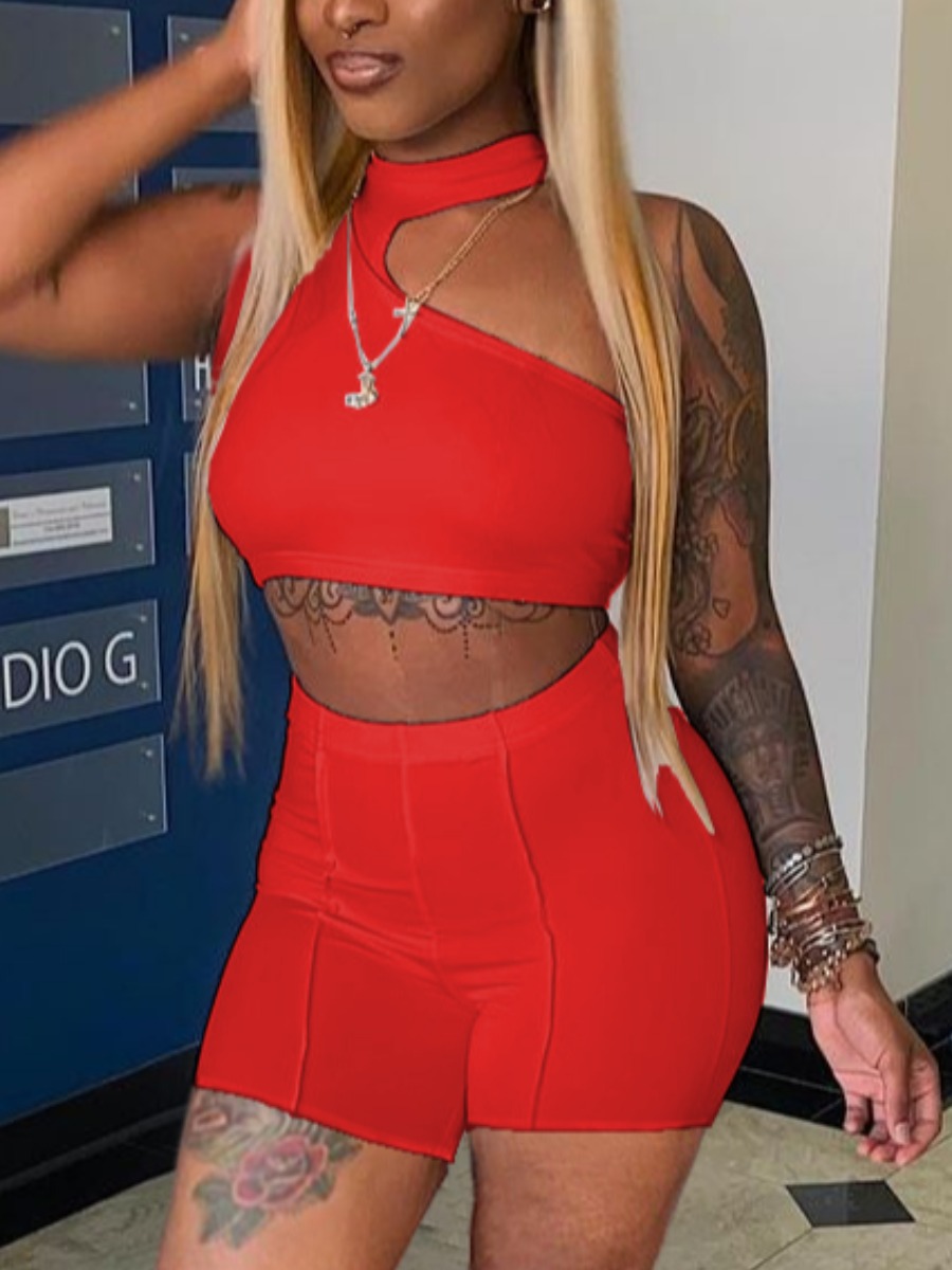 

LW Casual One Shoulder Crop Top Red Two Piece Shorts Set