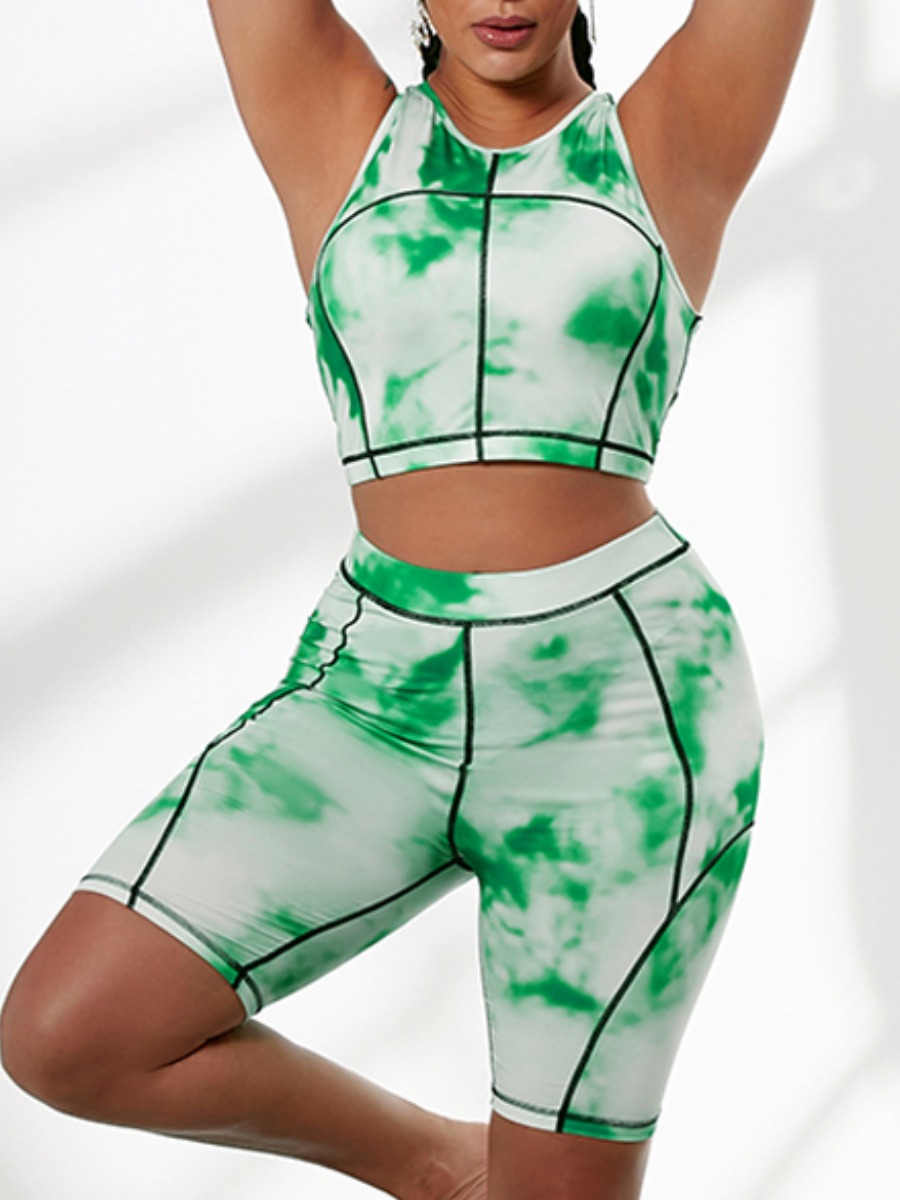 

Lovely Sporty O Neck Tie Dye Green Yoga Two Piece Shorts Set