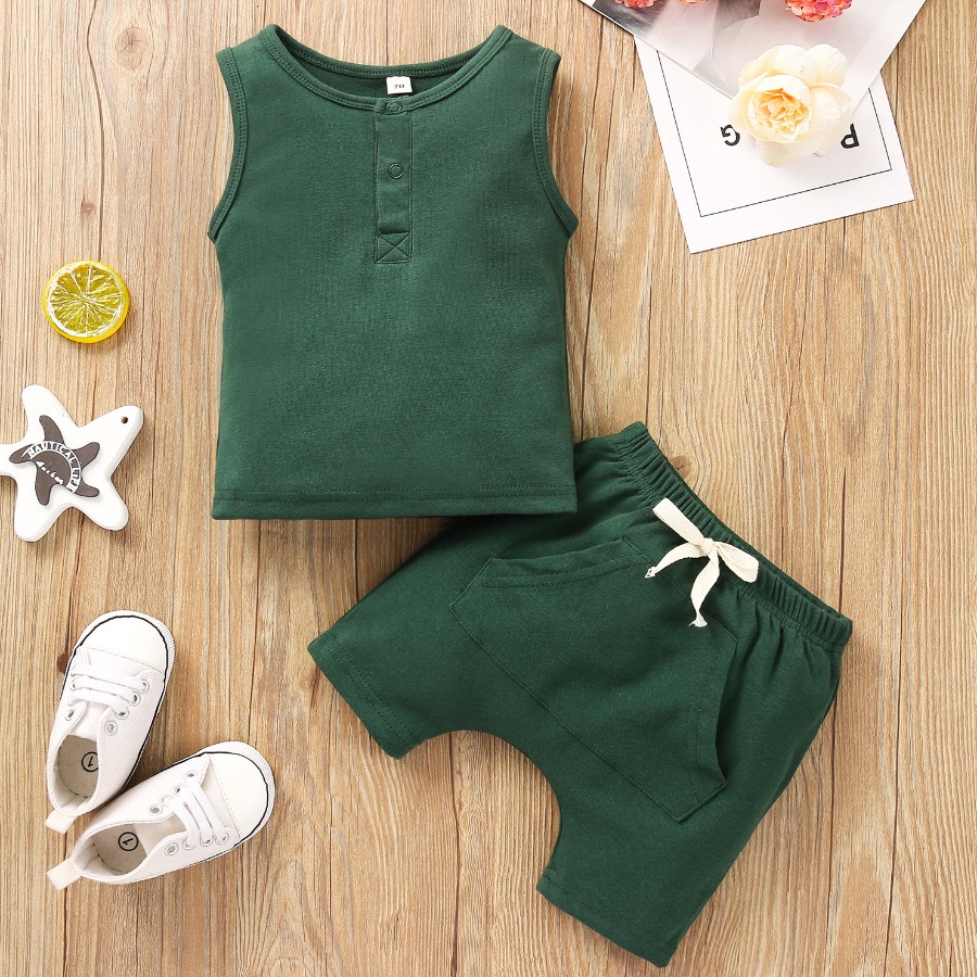 

Lovely Boy Casual Kangaroo Pocket Drawstring Green Two Piece Shorts Set